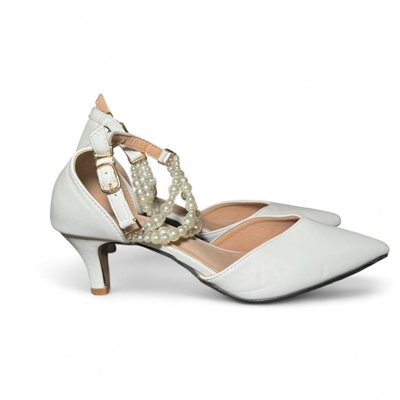 Women’s Size 41 White Kitten Heel Pumps Faux Pearl Ankle Strap Bridal Evening - Picture 1 of 7